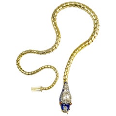 Victorian Blue Enamel Diamonds Snake Necklace Bracelet  