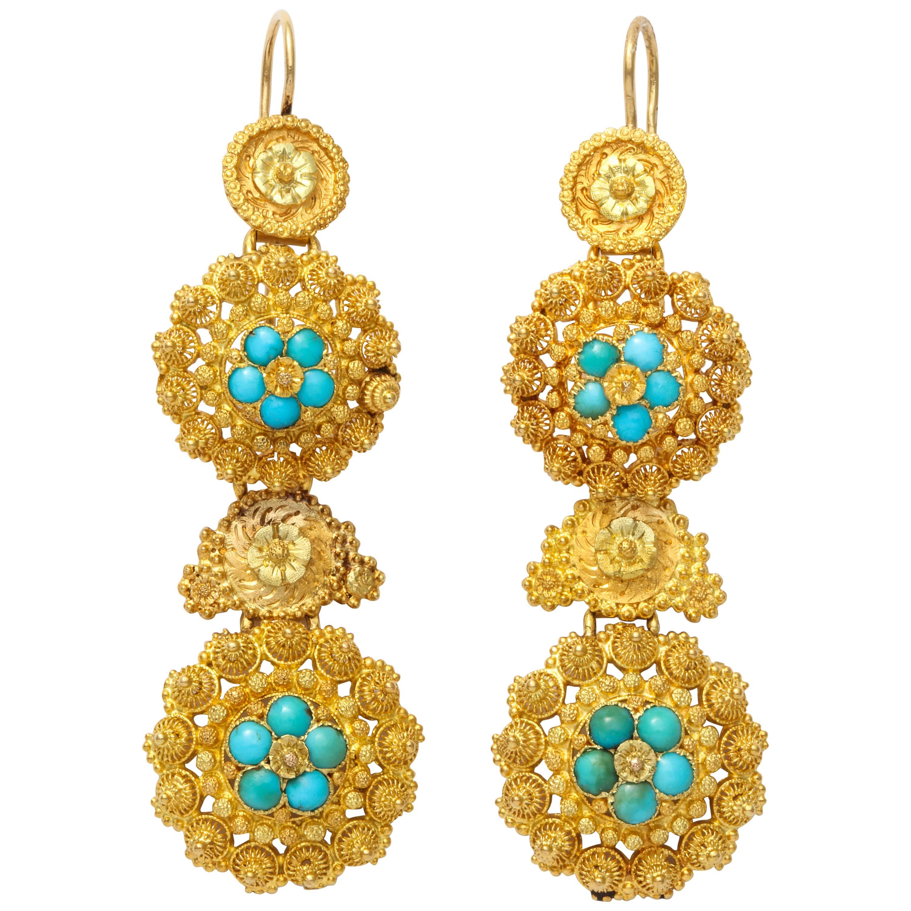 Antique Regency Cannetille Gold Turquoise Chandelier Earrings