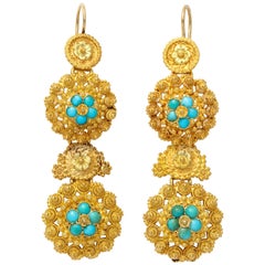 Boucles d'oreilles chandelier en or et turquoise cannetille de style Régence ancienne