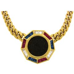 Bulgari Diamond Ruby Sapphire Yellow Gold Coin Pendant Necklace