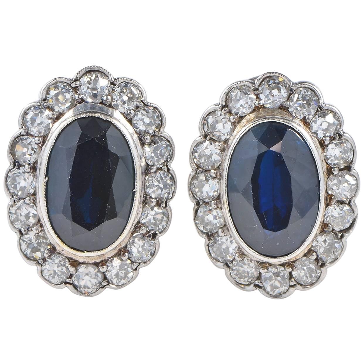 Vintage 8.40 Carat Natural No Heat Sapphire and 2.60 Carat Diamond Earrings For Sale