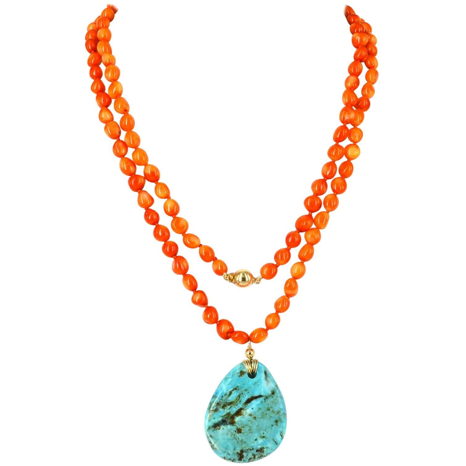 Decadent Jewels Coral and Turquoise Gold Sautoir Necklace
