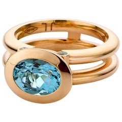 Jochen Leën Pure Line, Hidden Luxury Ring with Four Diamonds and Aquamarine
