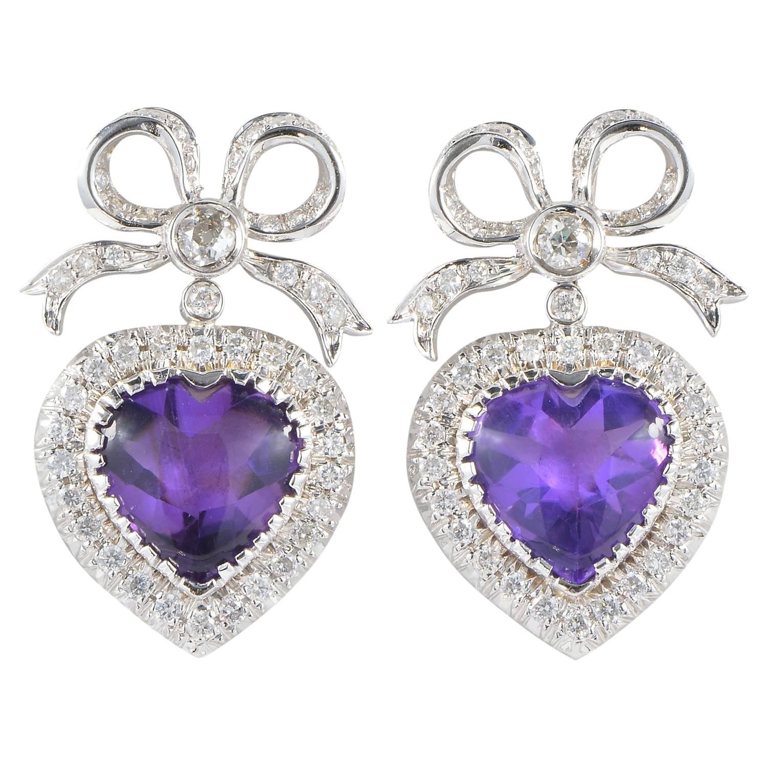 Heart Bow 20.0 Carat Amethyst 2.70 Carat Diamond Vintage Earrings For Sale