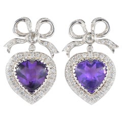 Heart Bow 20.0 Carat Amethyst 2.70 Carat Diamond Vintage Earrings