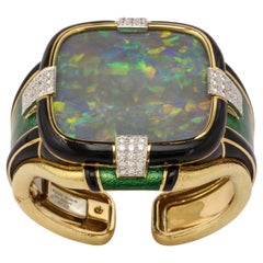 David Webb 120 Carat Opal Black And Green Enamel Diamond Gold Cuff Bracelet