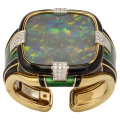 David Webb 120 Carat Opal Black Enamel Diamond Gold Cuff Bracelet