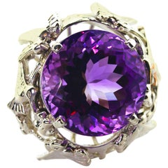 22.76 Carat Round Amethyst Sterling Silver Humming Bird Ring