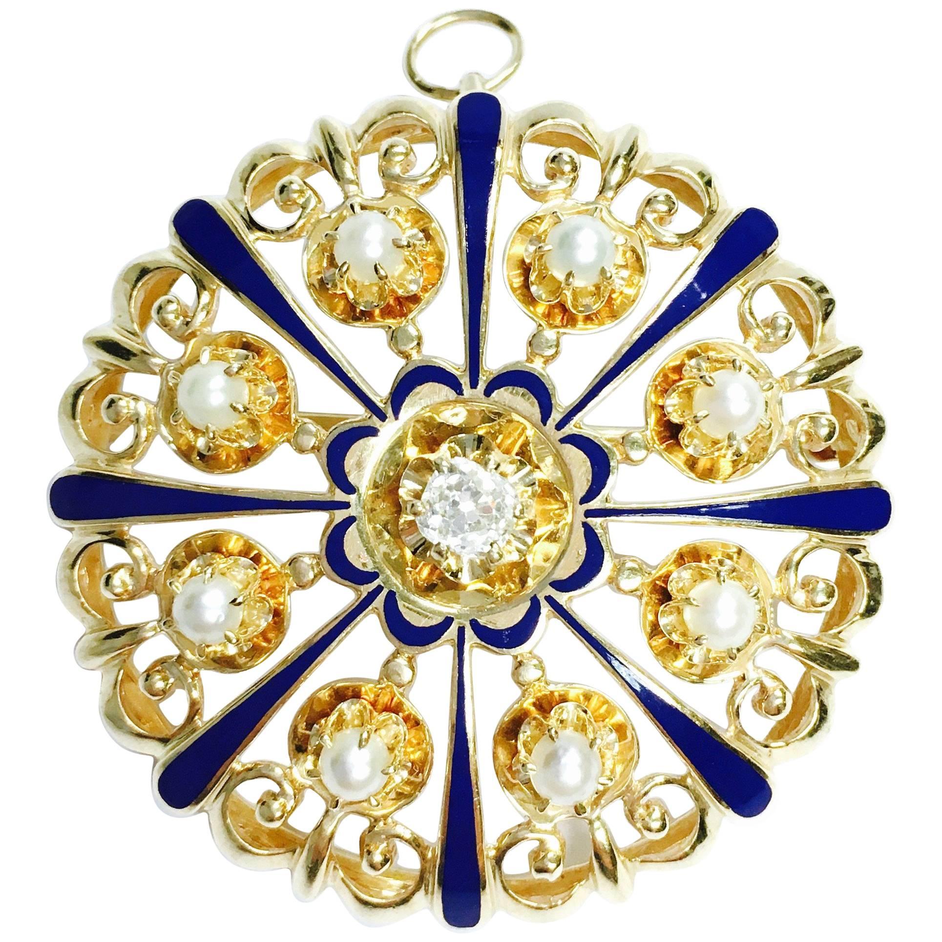 Carl D. Lindstrom Diamond Pearl and Enamel Large Sunburst Pin Pendant