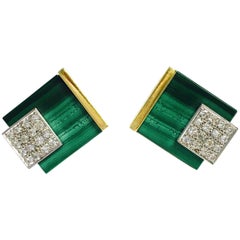 Cubic Malachite Diamond Gold Earrings
