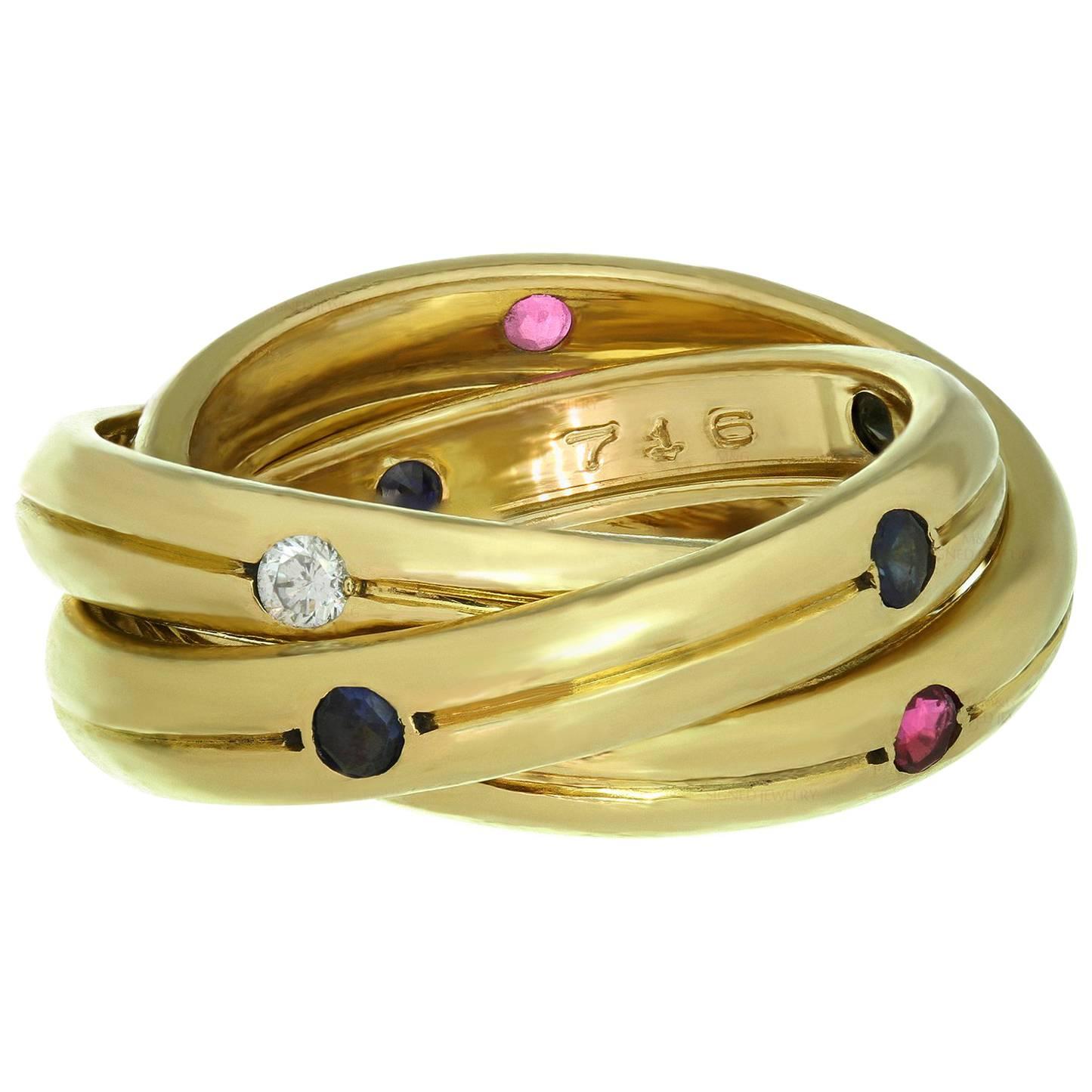 Cartier Constellation Trinity Diamond Ruby Sapphire Yellow Gold Ring