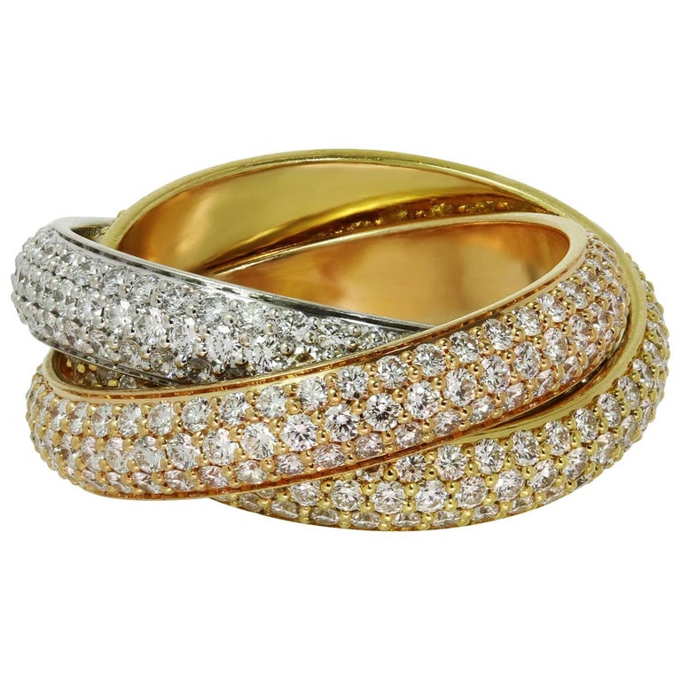 Cartier Trinity Pave Diamond Tri-Color Gold Band Ring For Sale at 1stDibs