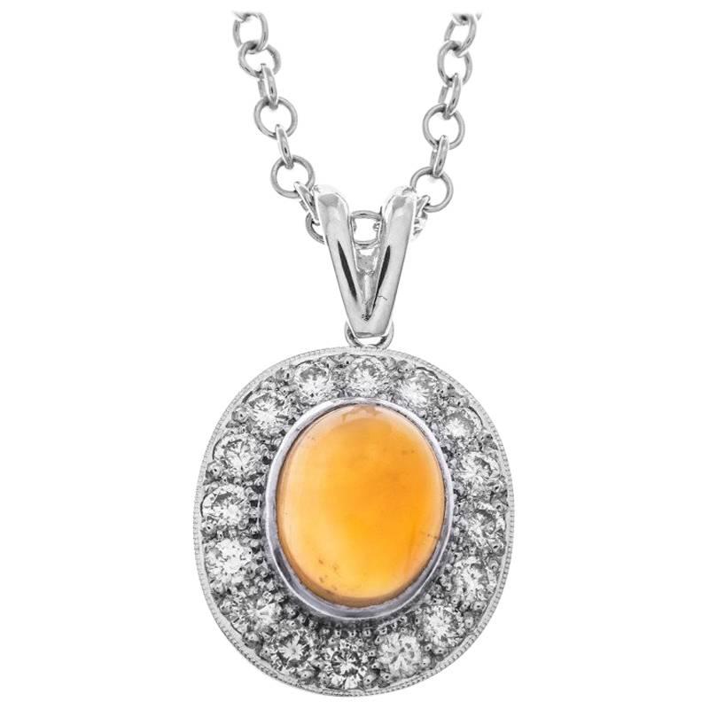 18 Carat White Gold 2.09 Carat Fire Opal and Diamond Halo Pendant For Sale