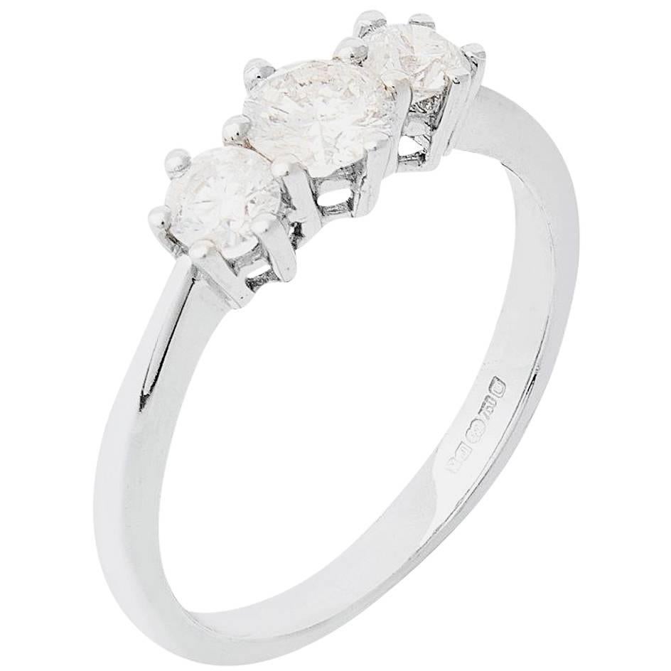 18 Carat White Gold Certified 0.79 Carat Diamond Trilogy Ring For Sale