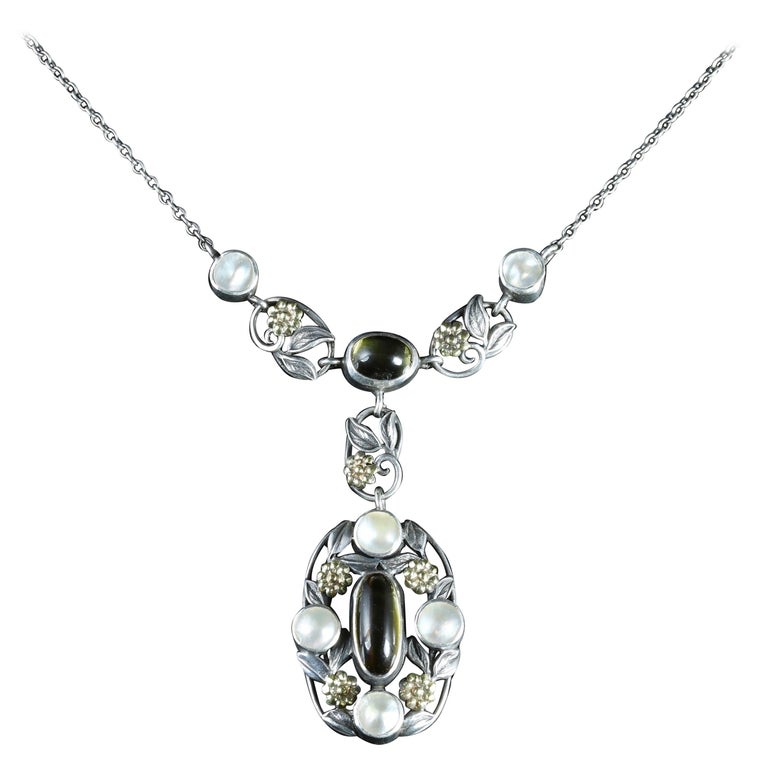 Arts Crafts Silver Blister Pearl Citrine Pendant Necklace, circa 1900