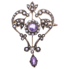 Antique Edwardian Momarestdy Amethyst Split Pearl Pendant and Brooch