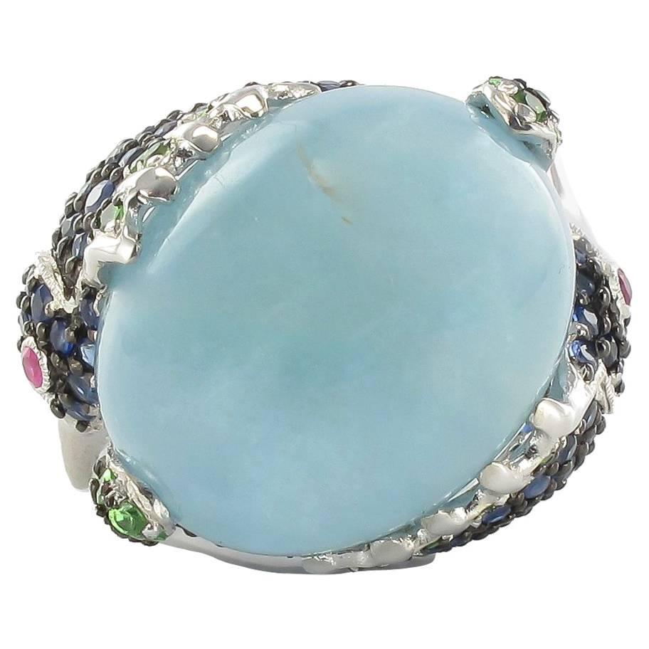 Aquamarine Cabochon Precious Stone Silver Cocktail Ring