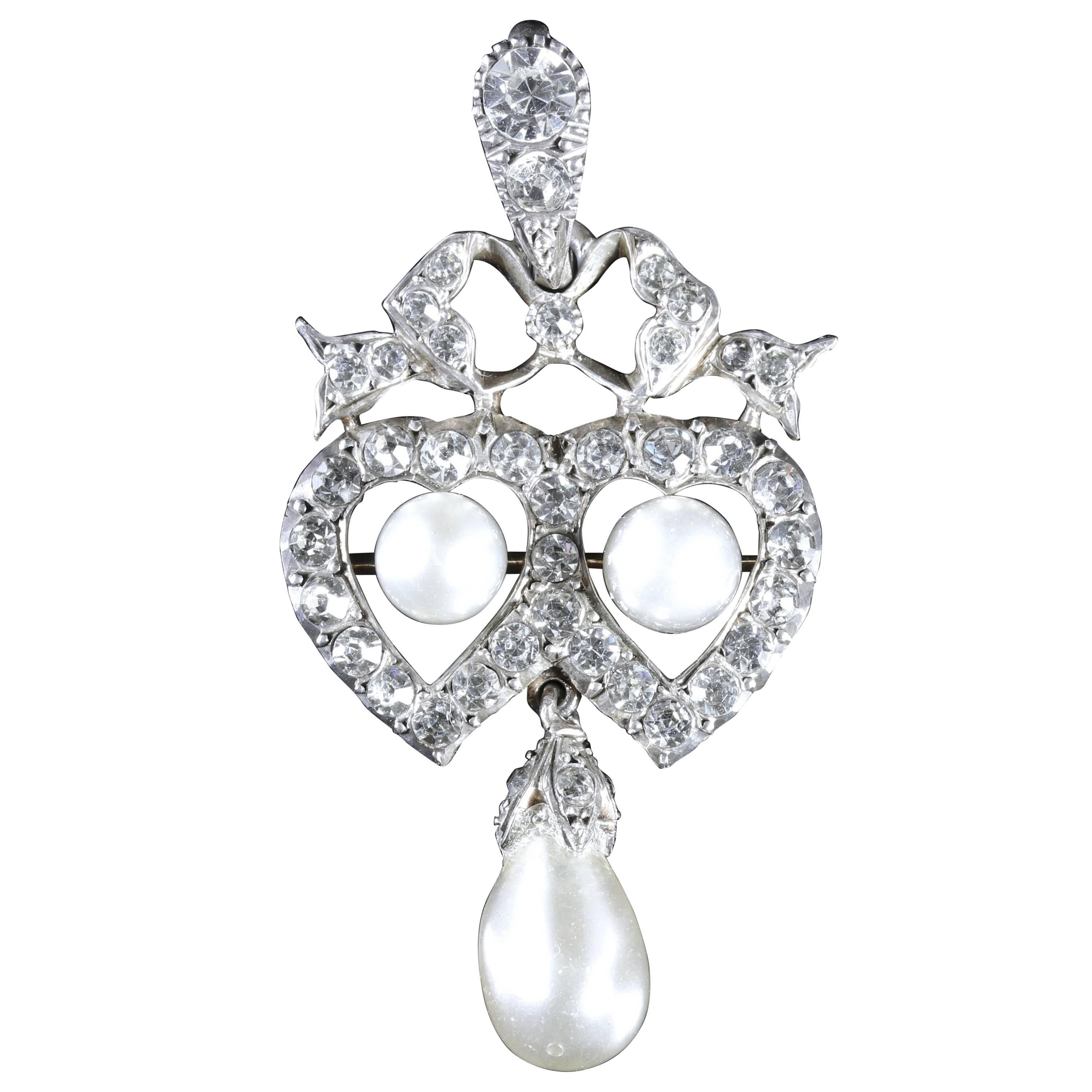 Antique Edwardian Silver Pearl Paste Double Heart Pendant