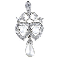 Antique Edwardian Silver Pearl Paste Double Heart Pendant