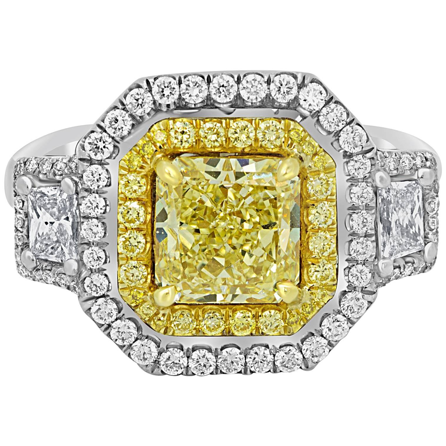 GIA Certified Fancy Yellow Diamond Halo Three Stone Twotone Gold Bridal Ring