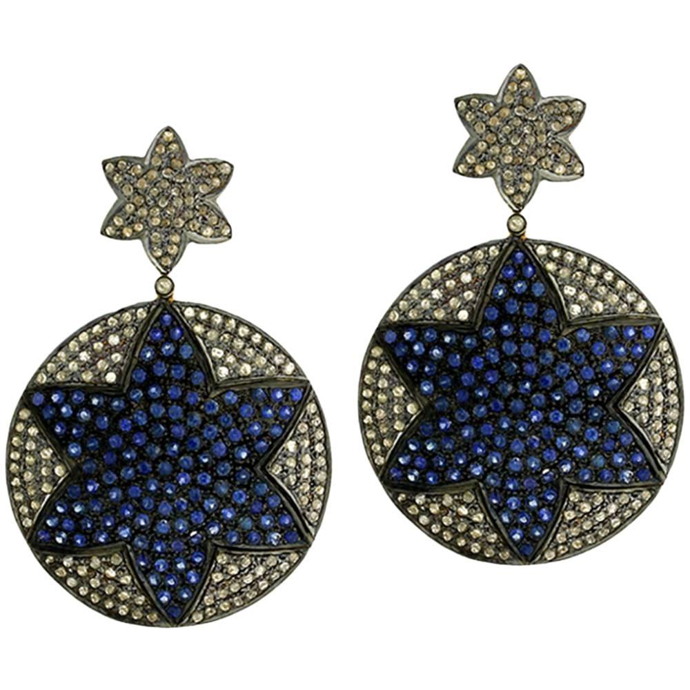 Boucles d'oreilles en or et argent 14k avec saphirs bleus et diamants pavés