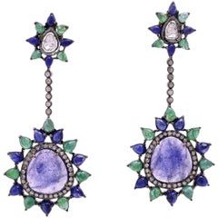 Tanzanite Blue Sapphire Emerald Earring with Diamonds