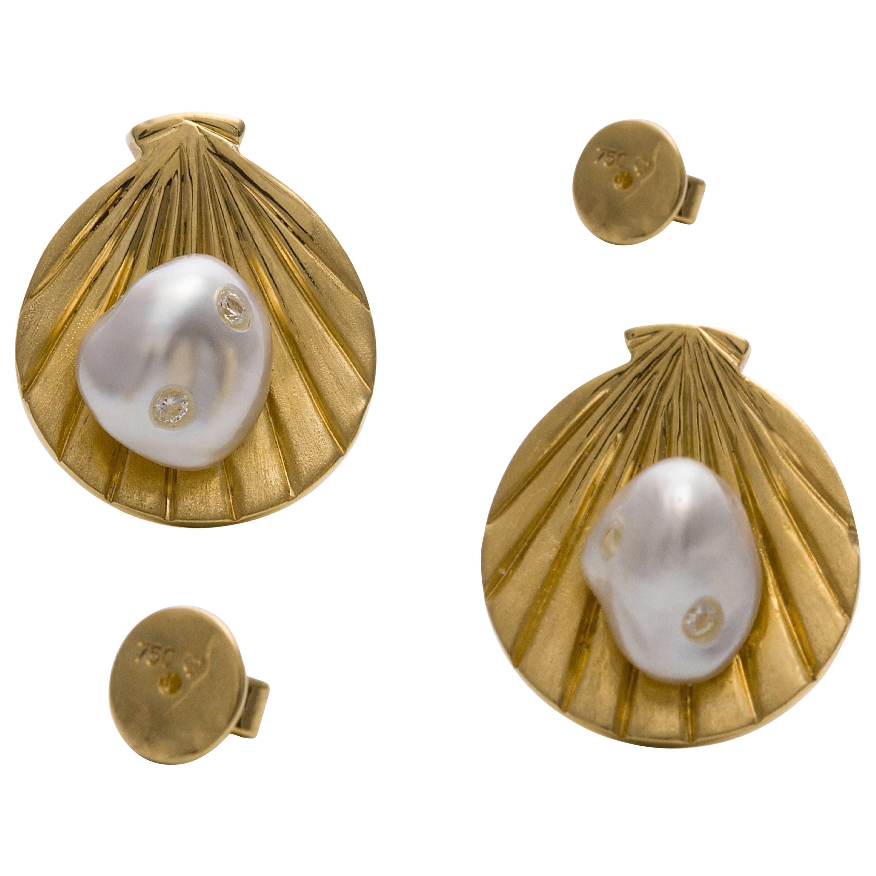  Gold Shell White Keshi South Sea Pearls White Diamonds Studs Earrings For Sale