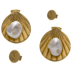  Gold Shell White Keshi South Sea Pearls White Diamonds Studs Earrings