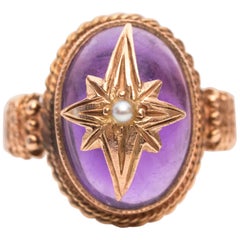 1900s Edwardian Amethyst, Seed Pearl and 9 Karat Rose Gold Ring