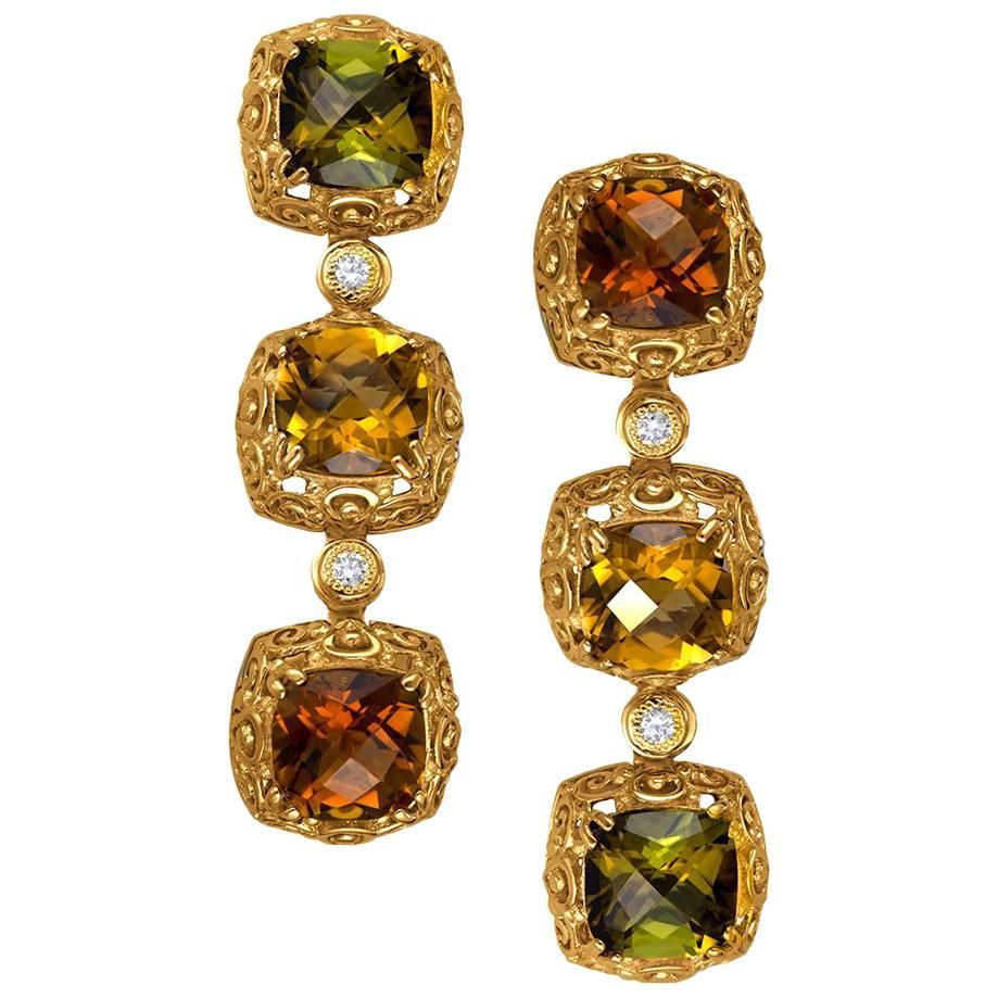 Alex Soldier Tourmaline Diamond Gold Byzantine Drop Earrings One of a kind