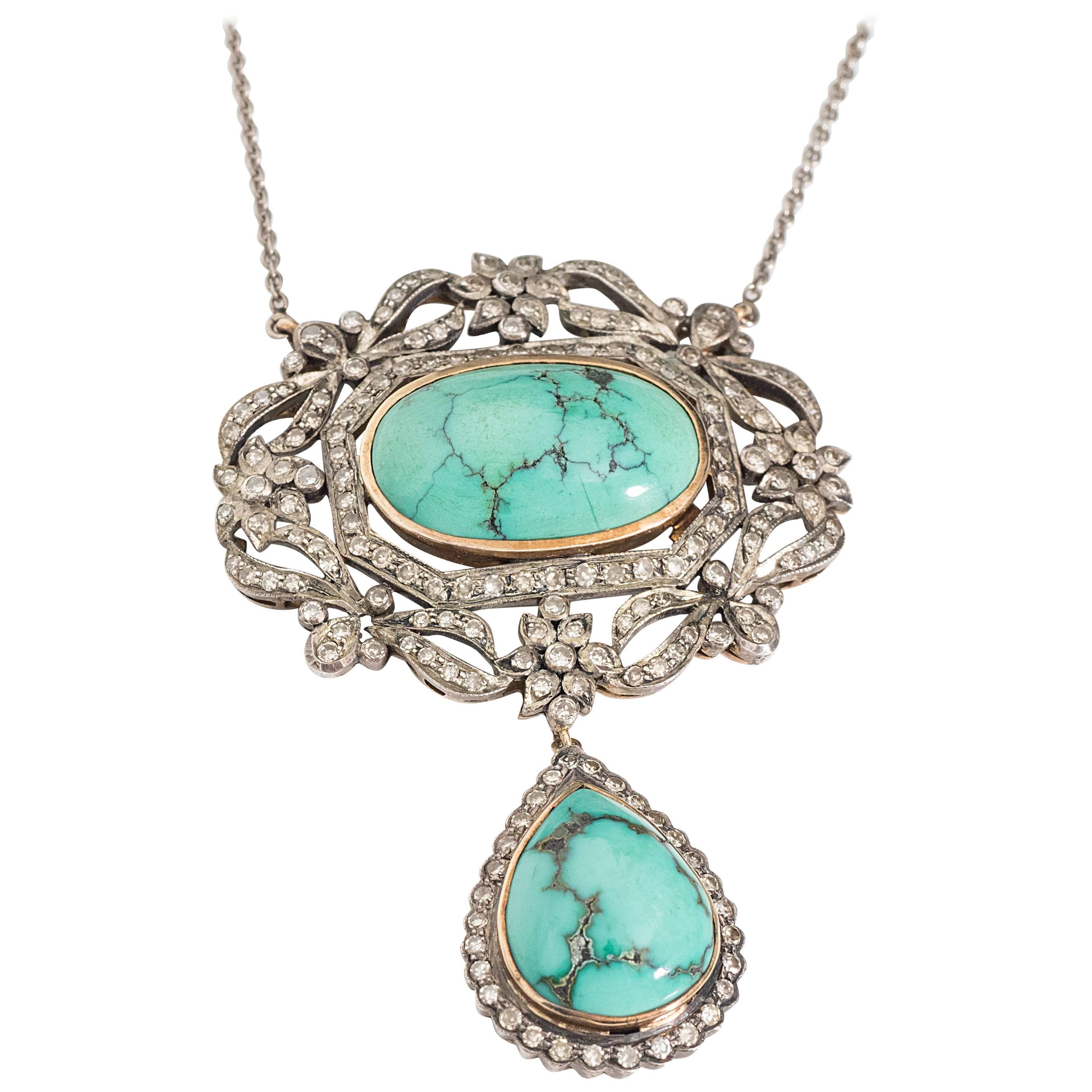 1800s Victorian .70 Carat Diamond 12 Carat Turquoise 18 Karat Gold Necklace