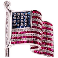 Stunning Diamond, Ruby and Sapphire American Flag Brooch