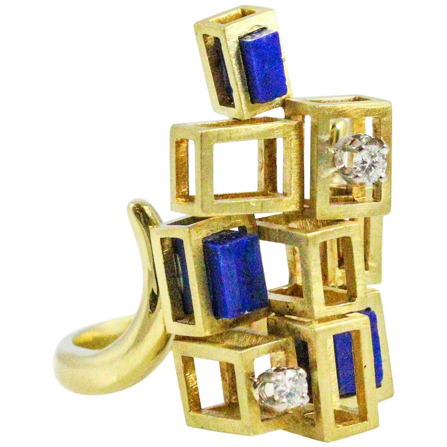 1960s Modernist  Lapis Lazuli Diamond Gold Ring