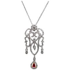 Elaborate Diamond and Ruby Drop Gold Necklace