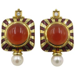 Elizabeth Gage Carnelian Enamel Pearl Diamond Gold Earrings