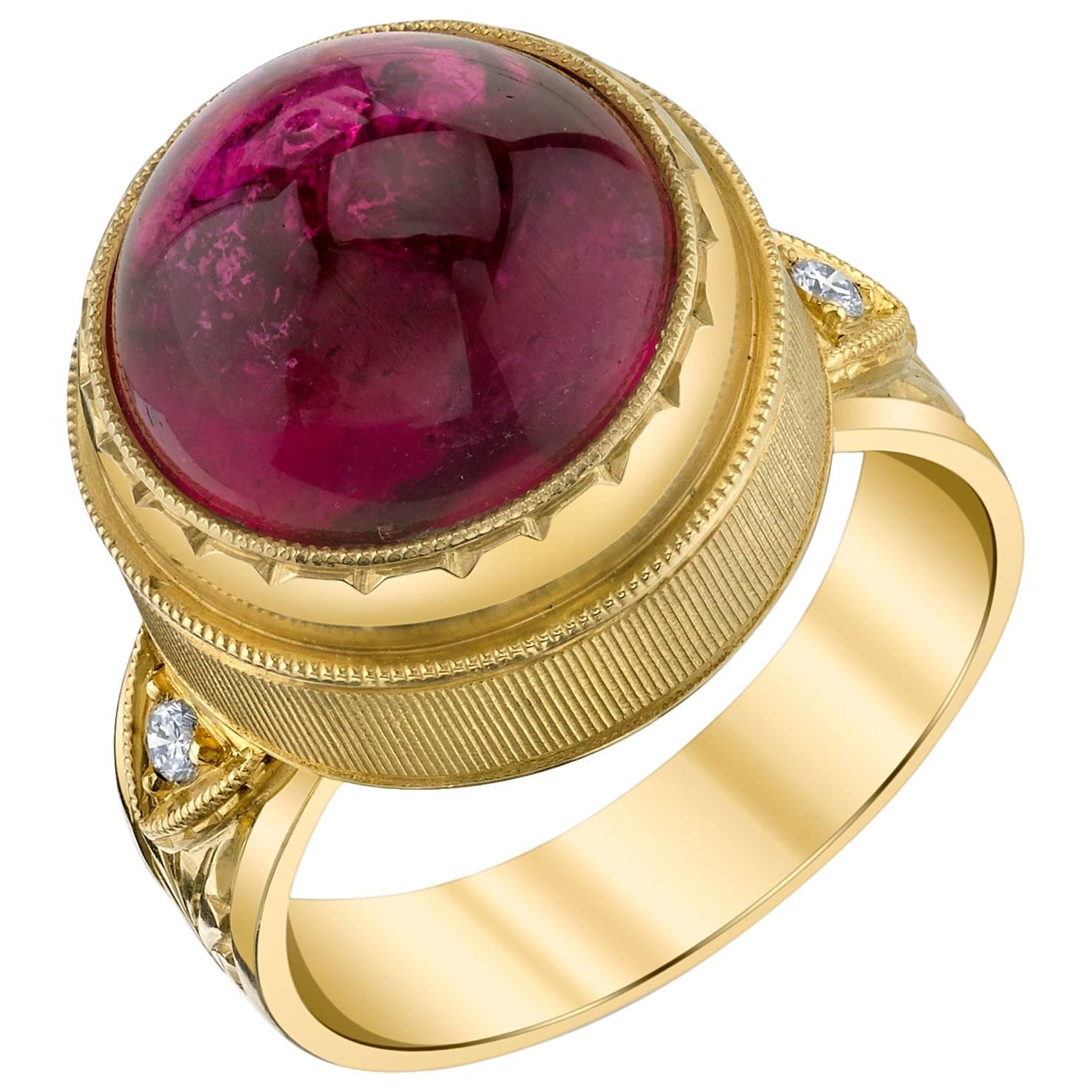 10.75 Carat Rubellite Tourmaline Cabochon and Diamond Engraved Band Ring 