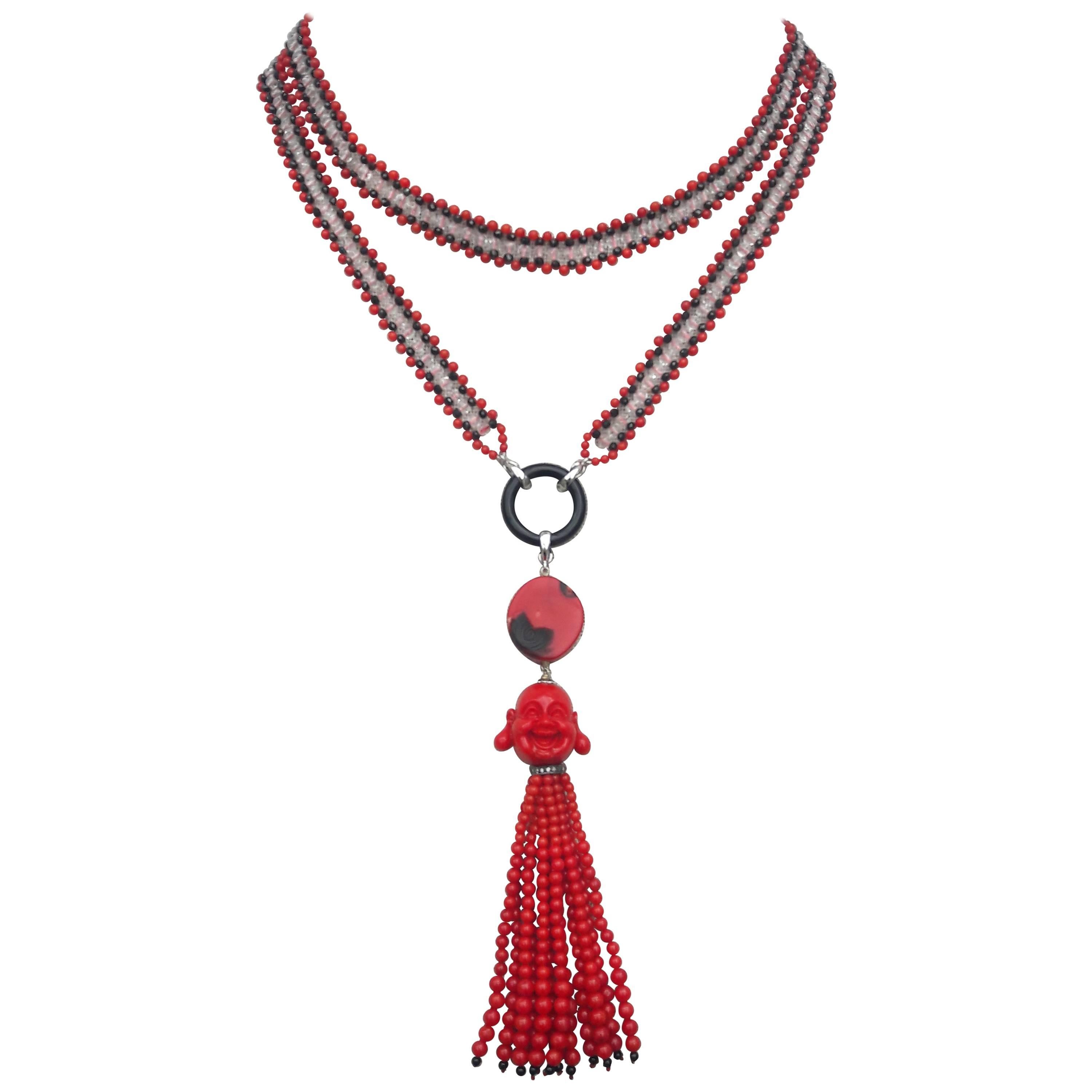 Marina J Coral, Black Spinel, and Rose Quartz Beaded Buddha Tassel Necklace