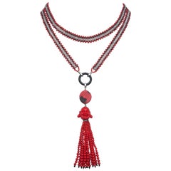 Marina J Coral, Black Spinel, and Rose Quartz Beaded Buddha Tassel Necklace