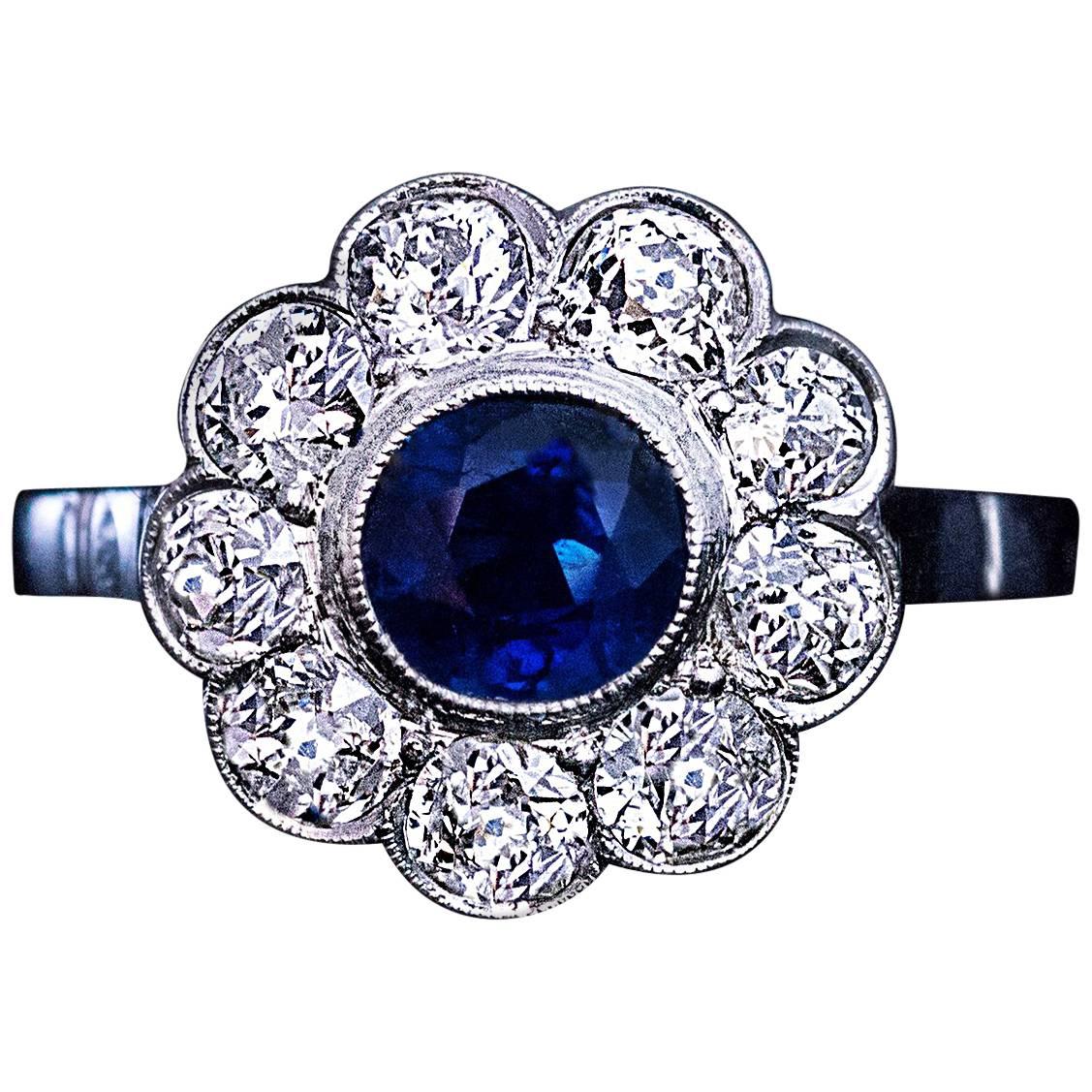 Sapphire Old European Cut Diamond Platinum Engagement Ring