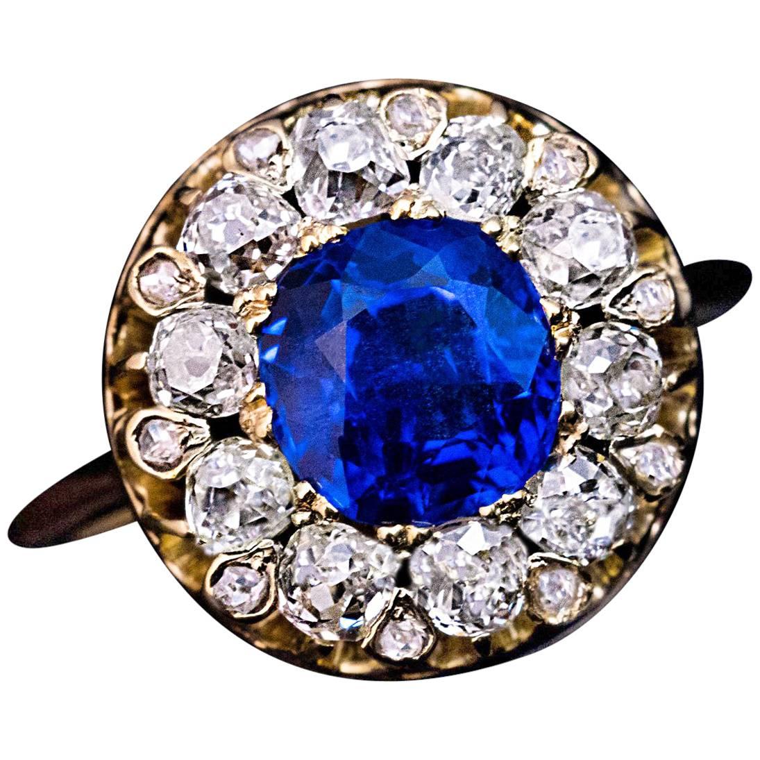 Antique 19th Century Burmese Sapphire Diamond Engagement Ring