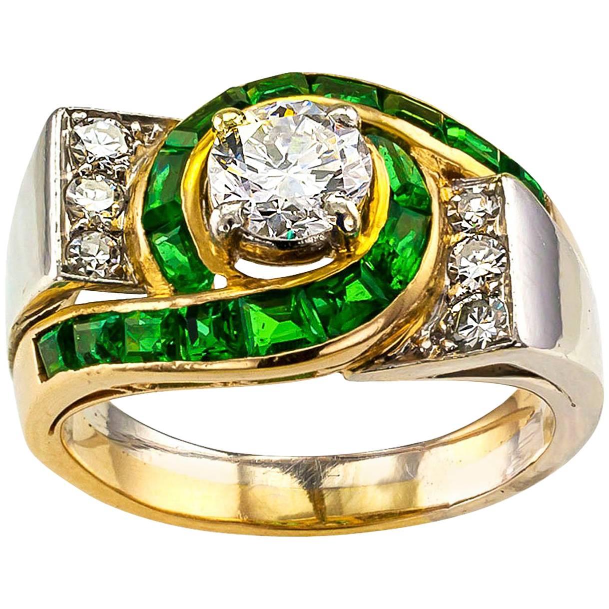 Modernist 1950s Emerald Diamond Gold Platinum Ring