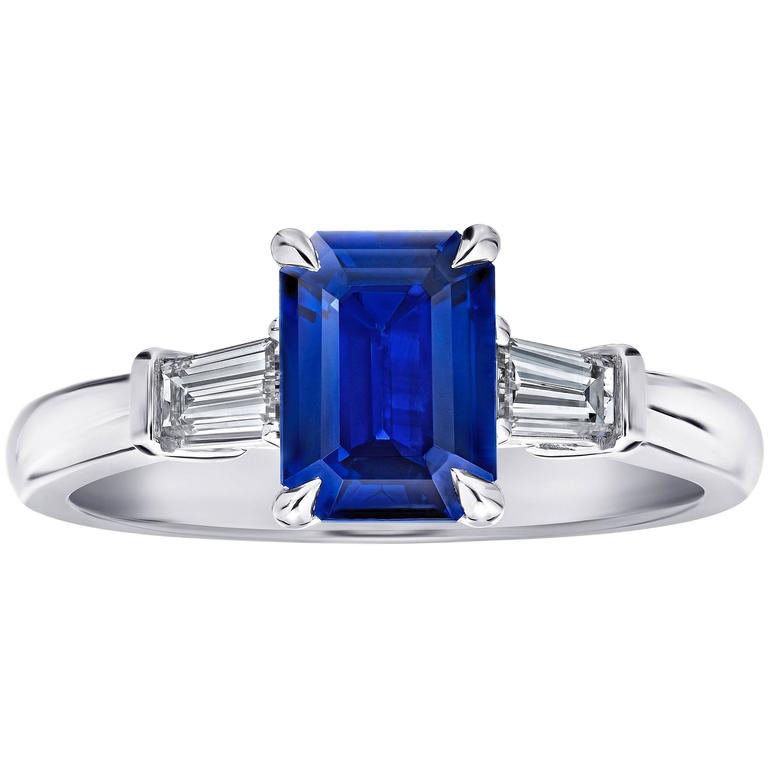 1.76 Carat Emerald Cut Blue Sapphire and Diamond Ring For Sale at 1stdibs
