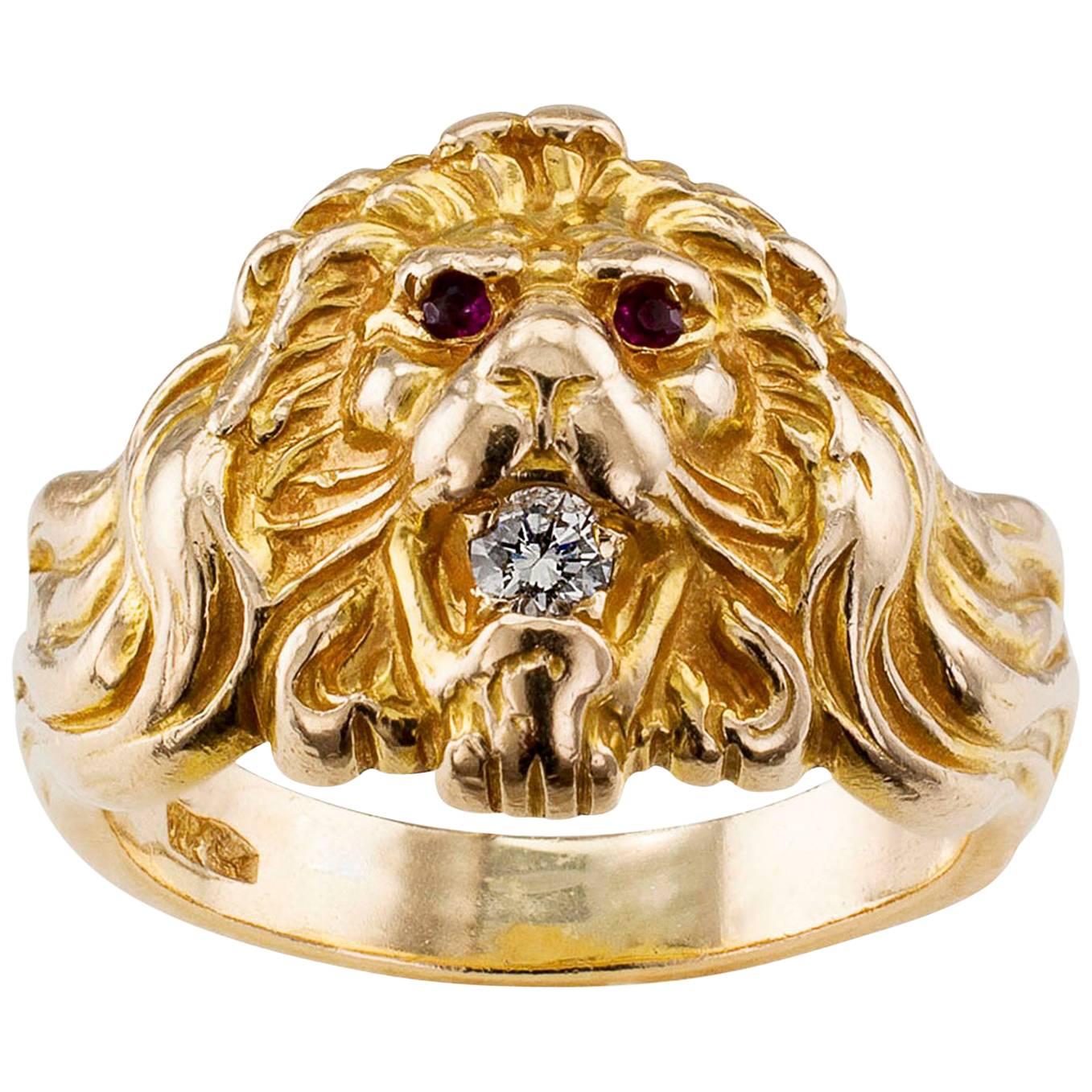 1930s Lion Head Ring Ruby Diamond Gold