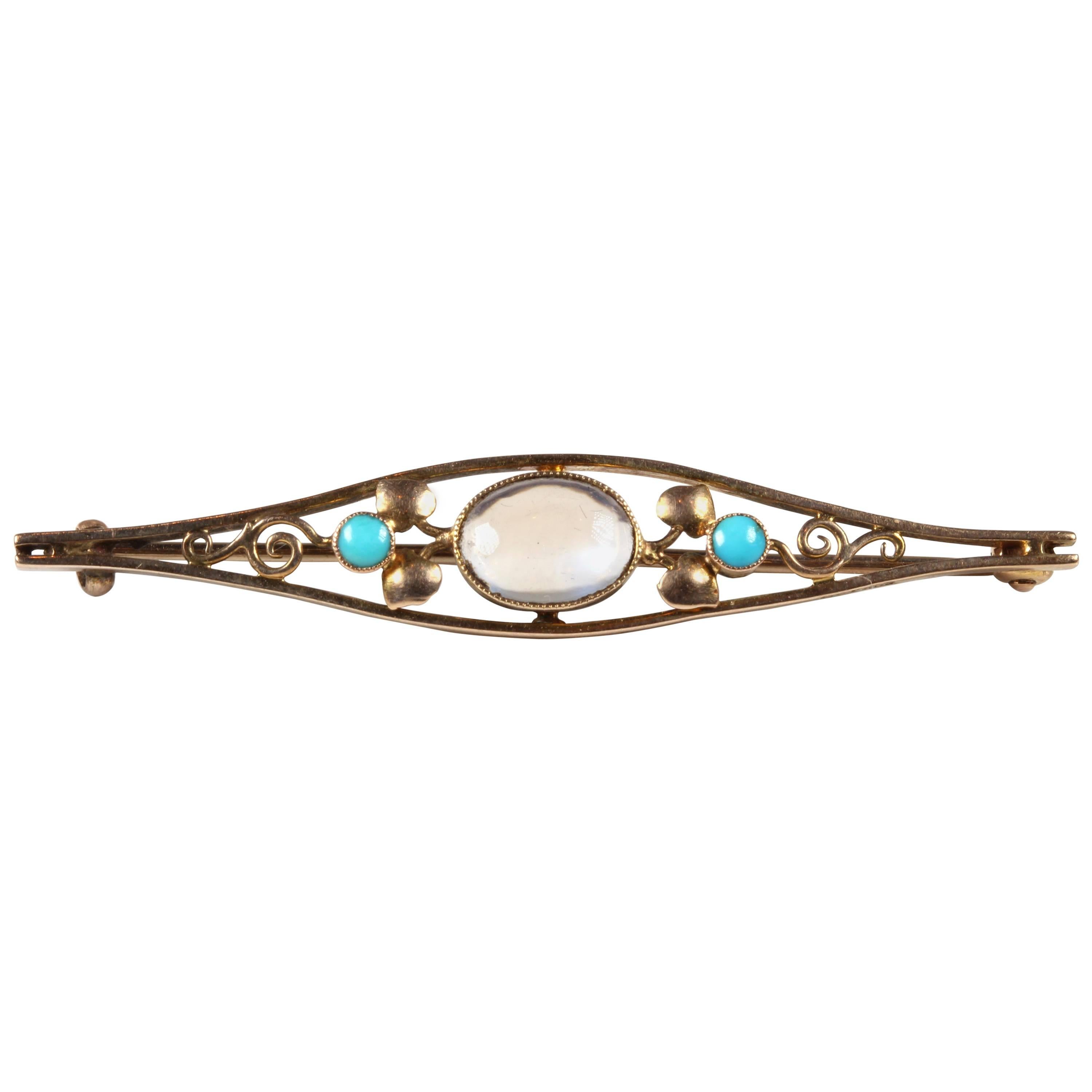 Murrle, Bennett and Co Gold Moonstone Turquoise Pin For Sale