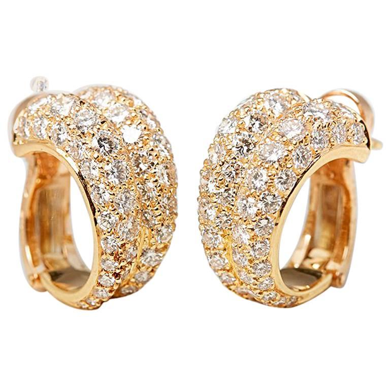 Cartier 18 Karat Yellow Gold Round Brilliant Cut Diamond Double Hoop Earrings