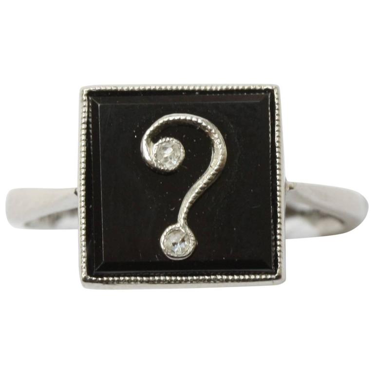 Art Deco Platinum and White Gold, Onyx and Diamond Question Mark Ring
