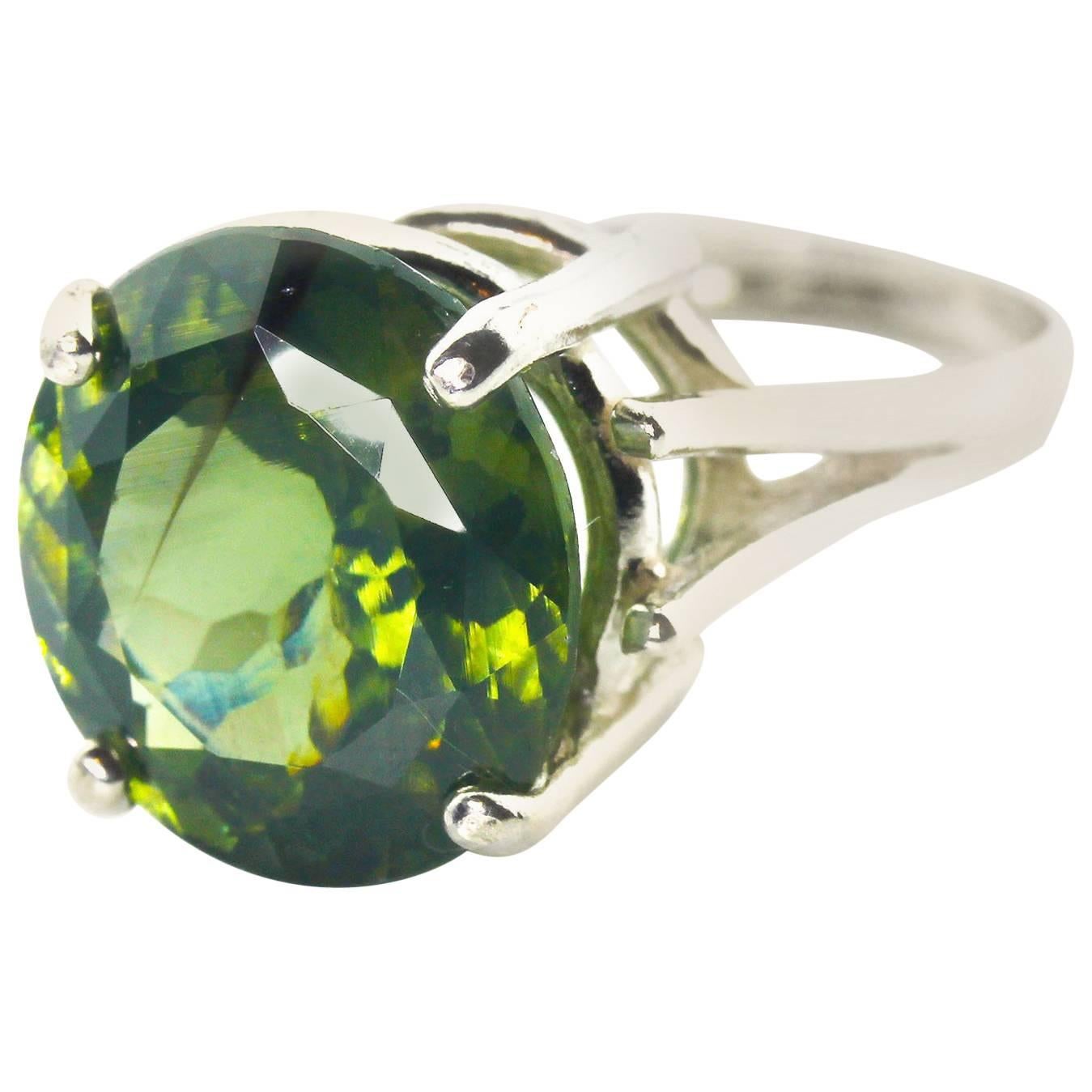 AJD Impressive RARE 10.32 Ct Sri Lankan Intense Green Round Zircon Silver Ring For Sale