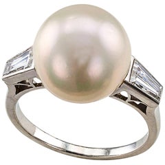 Retro Mid-Century French South Sea Pearl Diamond Platinum Ring