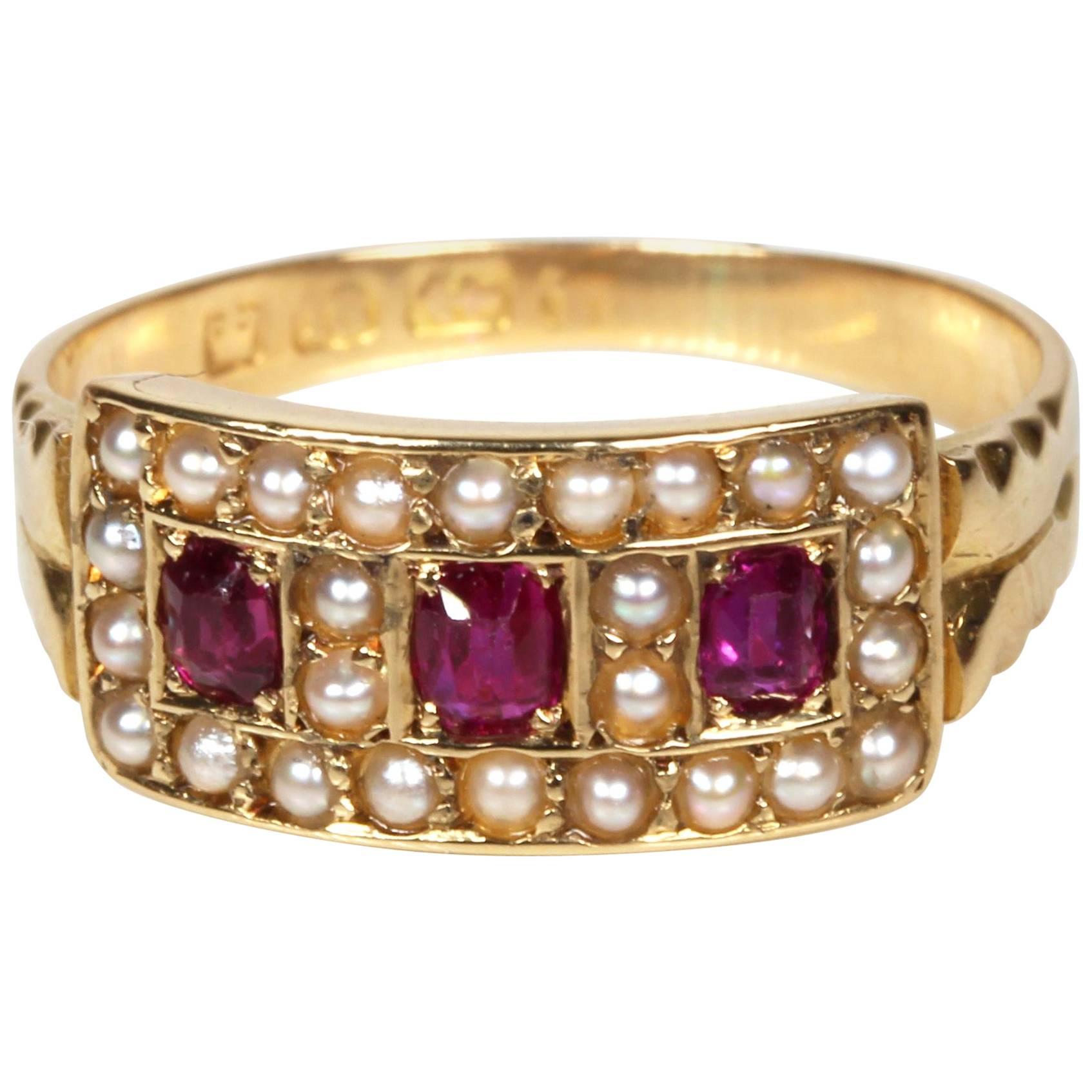 Circa 1890 Antique Ruby Seed Pearl 18 Karat Gold Dress Engagement Band Ring For Sale