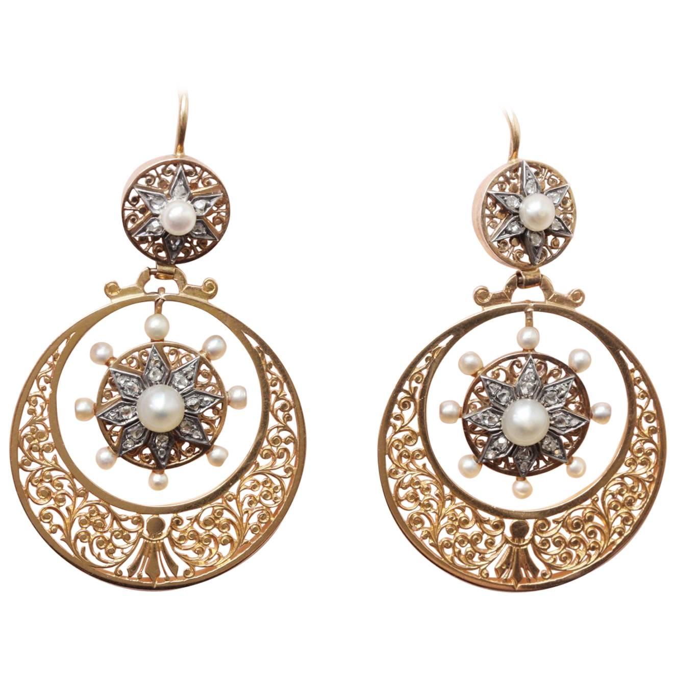 Gold Silver Pearl and Rose Cut Diamond Circle Gold Earrings